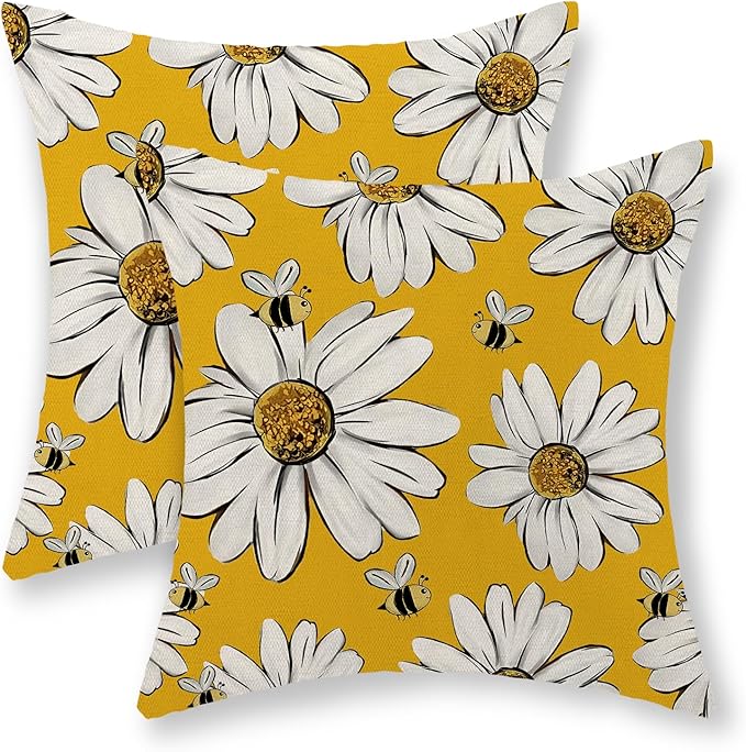 Summer Pillow Covers 18x18 Inch Set of 2 Yellow Daisy Sunflowers Floral Bee Pillow Covers Spring Outdoor Pillow Cases Linen Farmhouse Seasonal Cushion Covers Decor for Living Room Bedroom