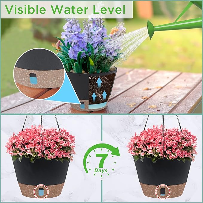 SOSMAR 2 Pack Hanging Planters, 10 Inch Hanging Pots with Visible Water Level, 6 Pcs Hooks, Decorative Flower Pot Holder with Drainage for Indoor Outdoor Use