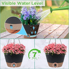 SOSMAR 2 Pack Hanging Planters, 10 Inch Hanging Pots with Visible Water Level, 6 Pcs Hooks, Decorative Flower Pot Holder with Drainage for Indoor Outdoor Use
