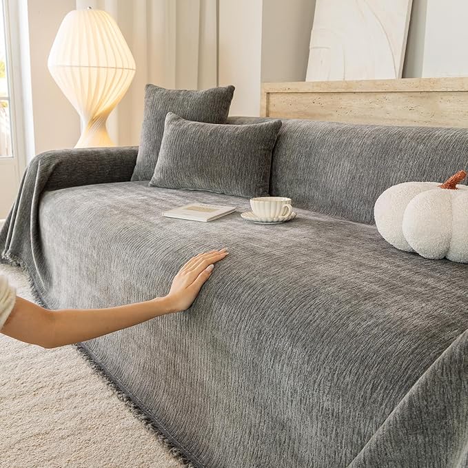 ROOMLIFE Sofa Cover, Boho Couch Cover for 3 Cushion Sofa, Non Slip Chenille Sofa Slipcovers for Dog, Washable Furniture Sofa Protector Cover with Tassel for Living Room, 71''X150”