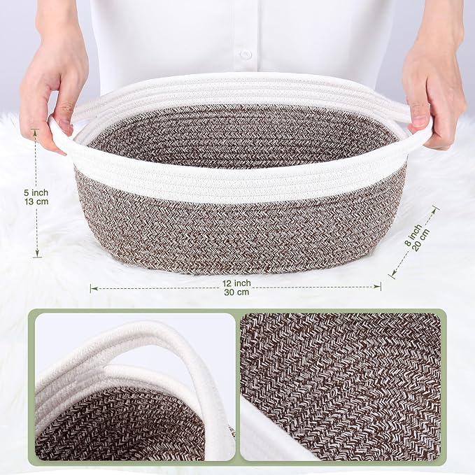Empty Gift Basket to Fill with Handles, 12x8x5 inch - Wicker Rope Basket for Baby Shower, Kids Toys，Decorative Woven Bin for Man, Boys With Gift Bag & Ribbon,Resuable, White Brown