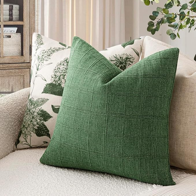 Foindtower Set of 2 Decorative Linen Check Throw Pillow Covers Neutral Farmhouse Vintage Cushion Covers Modern Boho Accent Home Decor for Sofa Chair Couch Bedroom Living Room,18×18 Inch,Forest Green