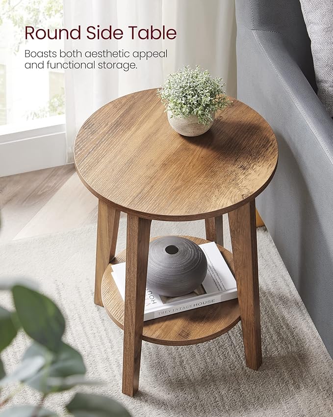 VASAGLE MAEZO Collection - Side Table, 2-Tier Small Round End Table, Nightstand with Tapered Legs, Curved Transitions, for Small Spaces, Living Room, Bedroom, Honey Brown ULET283T41