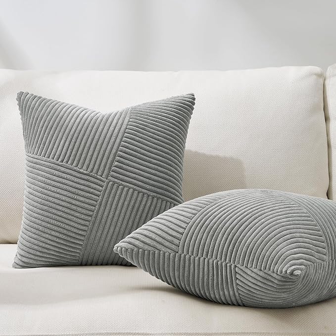 Topfinel 16x16 inches Euro Pillow Shams Set of 2 Soft Corduroy Decorative Throw Pillow Covers for Bedroom Living Room Boho Textured Striped Patchwork Couch Pillow Covers 40x40cm LightGrey