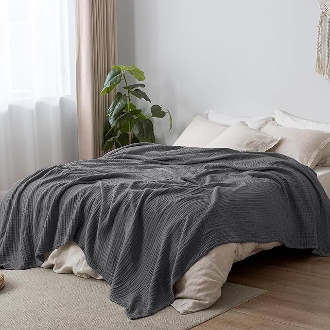 PHF 100% Cotton Muslin Blanket King Size 108"x90", 4-Layer Lightweight Gauze Throw, Breathable Cloud-Soft Minimalist Blanket for Bed, Couch, Camping & Baby, Greyish Black, Ideal Gift