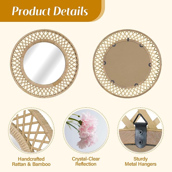 Round Rattan Wall Mirror – 24x24 Inch Boho Elegance with Woven Frame, Decorative Mirror for Bathroom Vanity Entryway Living Room