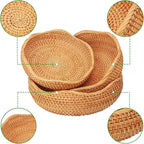 3 PCS Rattan Bread Basket - 3 Size Authentic Handmade Decorative Woven Baskets for Kitchen, Round Rattan Fruit Baskets Bowls for Table, Kitchen Decor