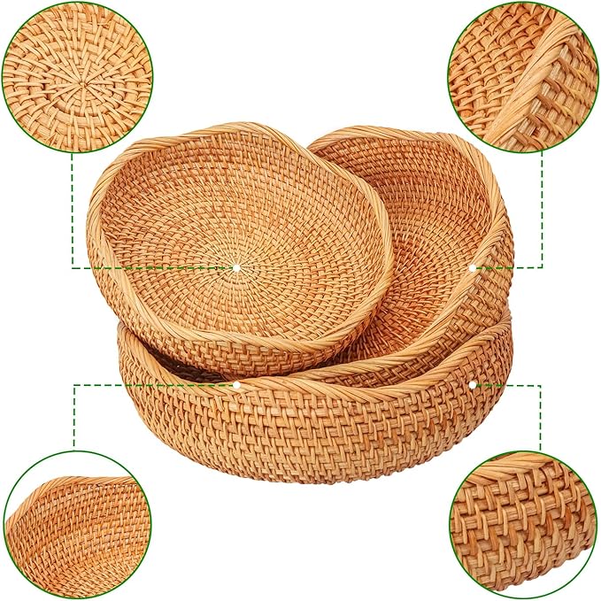 3 PCS Rattan Bread Basket - 3 Size Authentic Handmade Decorative Woven Baskets for Kitchen, Round Rattan Fruit Baskets Bowls for Table, Kitchen Decor