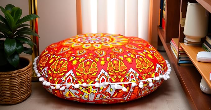 CRAFT KALA 22" Mandala Meditation Floor Pillows Cover Pouf Cover Round Seating Bohemian Mandala Cotton Floor Cushion Cover Outdoor Fireplace Seating Living Room Yoga Room Home Décor (Orange Flower)