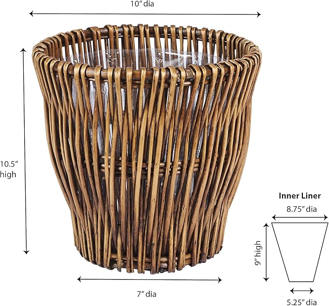 Household Essentials Small Reed Willow Waste Basket, Handwoven Basket with Removable Liner, Attractive Alternative to Plastic or Metal Cans, Brown