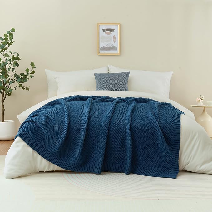 Knitted Throw Blanket 60"X80", Navy Blue Knit Throws for Bed, Super Soft Boho Chevron Blankets for Couch Sofa Chair Room Decor, Textured Decorative Farmhouse Cozy Lightweight