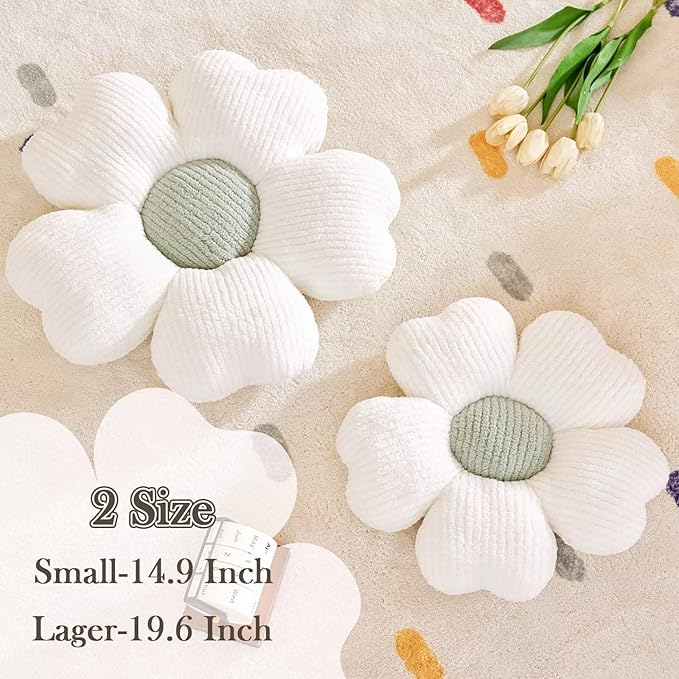 Flower Throw Pillow, Cute Flower Shaped Pillow Decorative Throw Pillow for Bed Couch, Soft Daisy Pillows Floor Seating Cushion Cushions (19.6 Inch White+Green)