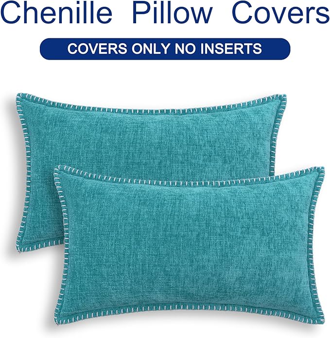 CaliTime Throw Pillow Covers Decorative 12 X 20 Inches Pack of 2 Cotton Thread Stitching Edges Solid Dyed Soft Chenille Cushion Cases for Couch Sofa Bed Living Room Farmhouse Lake Blue