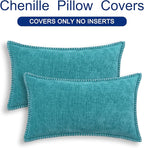 CaliTime Throw Pillow Covers Decorative 12 X 20 Inches Pack of 2 Cotton Thread Stitching Edges Solid Dyed Soft Chenille Cushion Cases for Couch Sofa Bed Living Room Farmhouse Lake Blue