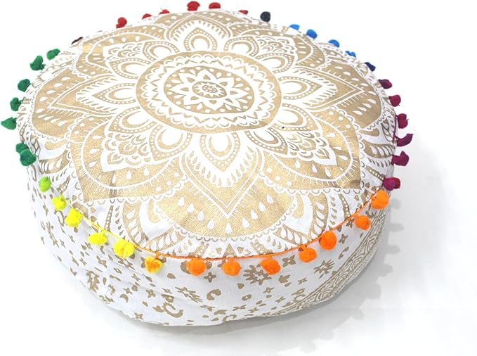 INDIAN CRAFT CASTLE ICC Mandala Barmeri Large Floor Pillow Cover Cushion Meditation Seating Ottoman Throw Cover Hippie Decorative Zipped Bohemian Pouf Ottoman Cases Golden, 16" Round