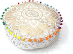 CRAFT KALA 24" Round Large Hippie Mandala Meditation Floor Ottoman Pillow Cushion Pouf Cover Square Poufs Bohemian Circle Floor Cushion Case Outdoor Fireplace Living Room Decor Cover White Gold Flower