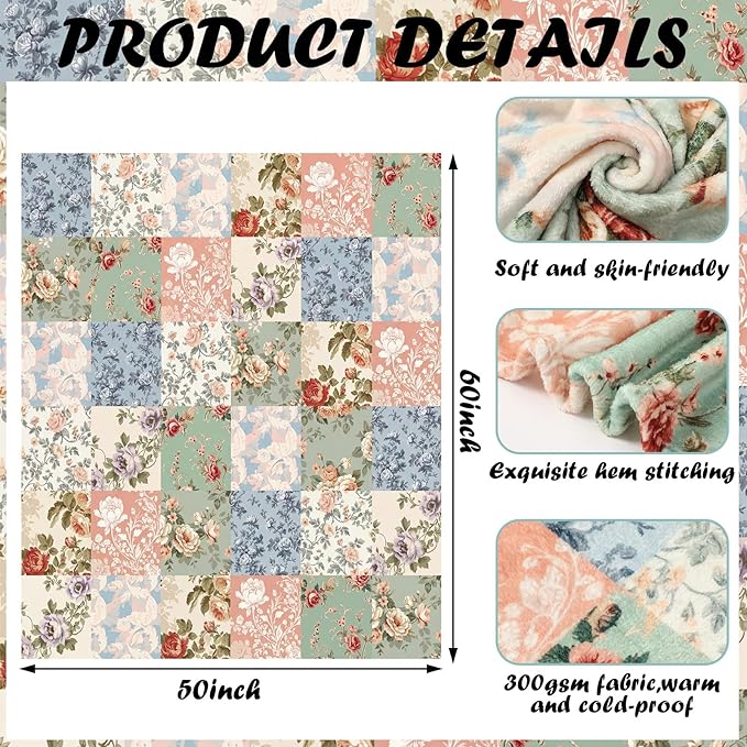 Boho Pastel Floral Throw Blanket Ultra Soft Fleece Patchwork Blanket for Couch and Bed Holiday Theme Cozy Throw Decoration Warm Gift for Spring Summer, 50 x 60 Inches