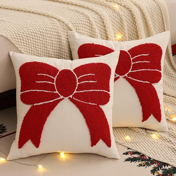 Tosleo Christmas Tufted Pillow Covers 18 x 18 inch Set of 2 Xmas Red Bow Throw Pillow Cover Party Decor Winter Holiday Embroidery Cushion Case for Sofa Couch Bed Living Room