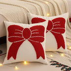 Tosleo Christmas Tufted Pillow Covers 18 x 18 inch Set of 2 Xmas Red Bow Throw Pillow Cover Party Decor Winter Holiday Embroidery Cushion Case for Sofa Couch Bed Living Room