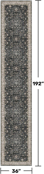 Black Boho Washable 3x16 Extra Long Runner Rug for Hallway, Waterproof Large Kitchen Floor Rug, Non-Slip Stain & Fade Resistant, Vintage Floral Decor