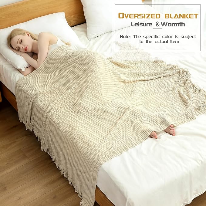 Blagic Knitted Throw Blanket for Couch,Soft Farmhouse Boho Fall Throw Blanket with Tassels,Home Decorative Lightweight, Beige Throws for Bed/Chair/Sofa, 50" W x 60" L