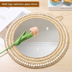 Boho Wall Mounted Mirror, Handmade Corn Beard and Hemp Rope Woven Wooden Beads Decorative Mirror, Round Mirror for Wall Decoration (Natural)