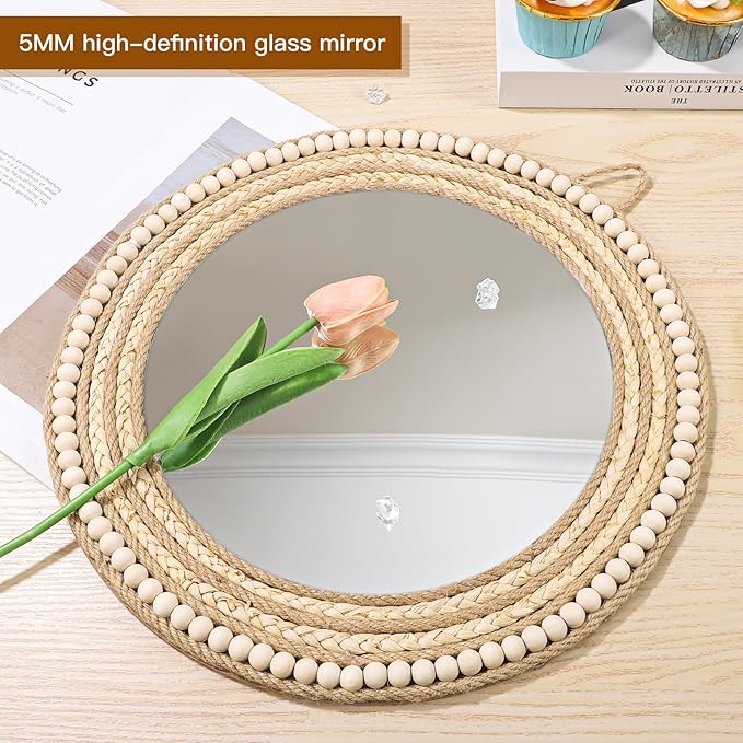 Boho Wall Mounted Mirror, Handmade Corn Beard and Hemp Rope Woven Wooden Beads Decorative Mirror, Round Mirror for Wall Decoration (Natural)
