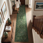 Dark Green Runner Rug 2x10 for Hallways, Retro Distressed Moody Medallion Long Carpet Runner for Entryway Mudroom, Low Pile Thin Soft Kitchen Bathroom Runner Rug Non Slip Washable