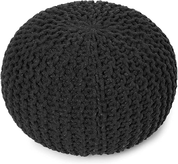 REDEARTH · Round Pouf Ottoman - Hand Knitted Cable Boho Poof Home Décor Pouffe Circular Footrest for Living Room - Nursery - Bedroom - Lounge 100% Cotton (19.5"x19.5"x14") - Black, Set of 2