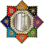 Octagon Sunburst Wall Mirror - Colorful Geometric Boho Circle Mirror Art, Small Decorative Vintage Accent for Living Room Decor, Wood & Acrylic（2D Printed）