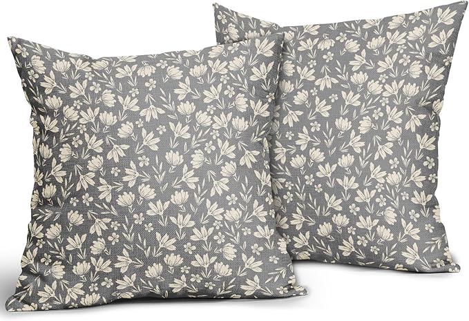 Grey Gray Pillow Covers 22x22 Set of 2 Vintage Floral Rustic Old Style Cute Flower Print Decorative Outdoor Pillowcases Seasonal Farmhouse Throw Cushion Case Decor for Couch Sofa Bed