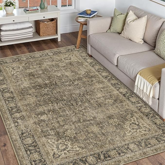 5x7 Washable Brown Area Rug Vintage Living Room Bedroom Carpet Non-Slip Soft Medium Pile Distressed Indoor Throw Rug for Dining Room Entryway Office