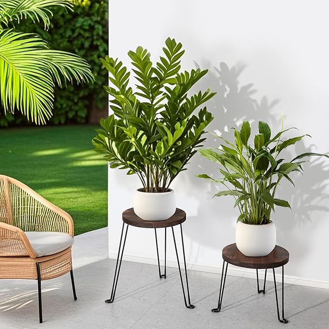 Yangbaga Wooden Plant Stands Indoor: 2Pack 11.81IN Round Planter Stands with Metal Legs,Mid Century Planter Holder for Home Decor,Multi-purpose Plant Table for Living Room/Patio/Garden/Balcony/Office