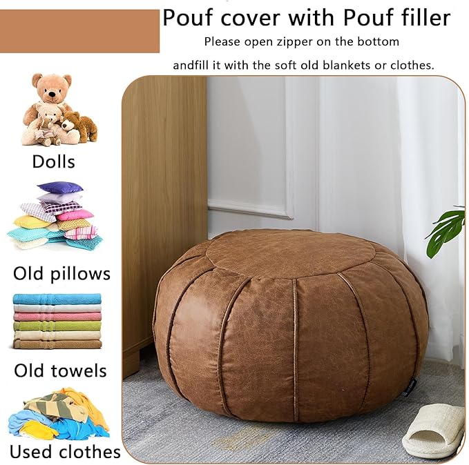 Louis Donné Unstuffed Pouf Ottoman Handmade Moroccan Storage Footstool Seat Round Home Decoration Pouf Cover Multi Functional Bean Bag Floor Chair for Living Room, Office, Bedroom, Balcony Decor