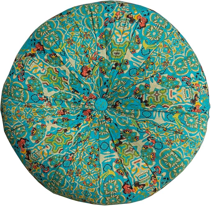 Moroccan Printed Round Chair Pads Cotton Linen Soft Comfort Chair Cushion Colorful Pompom Seat Cushions for Indoor Dining Room and Kitchen Chairs (Blue,22x22 Inch)