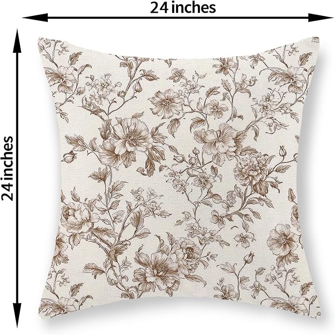 Brown Pillow Covers 24x24 Set of 2 Brown and Cream Floral Chinoiserie Throw Pillows Vintage Rustic Toile Flower Decorative Pillow Cases Outdoor Chinoiserie Decor Cushion Case for Couch Sofa
