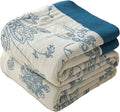 Boho Throw Blanket Full Size, Extra Large Soft Cozy Cotton Muslin Quilt Blanket for Bed Decor, Floral Patterned Couch Sofa Chair Cover, Vintage Farmhouse Cottage Woven Blanket, Blue&White