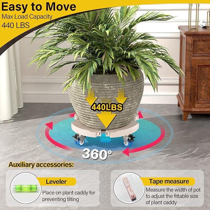 Goovilla Plant Stand with Wheels Heavy Duty, 2Pack Adjustable 15-22 Plant Caddy with Lockable Caster Wheels 440LBS, Rolling Plant Stand/Dolly/Roller for Indoor Outdoor Large Planter, Flower Pot,Beige