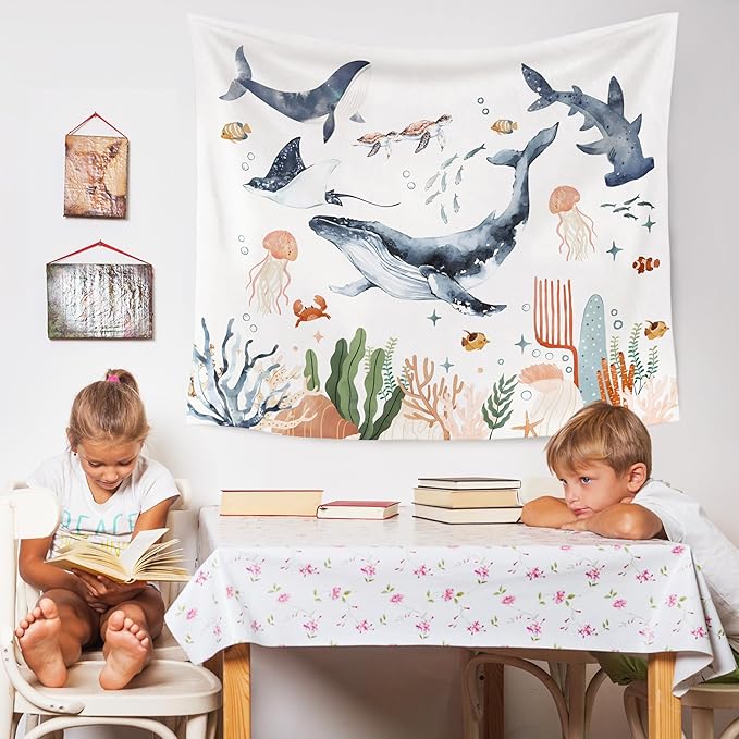 WARDOS Whales Ocean Animal Tapestry, Shark Whale Beach Tapestry Wall Decor, Kids Room Wall Decor, Ocean Sea Animals Wall Blanket Decor for Toddler Kids Nursery Bedroom Playroom, 50x60 Inch
