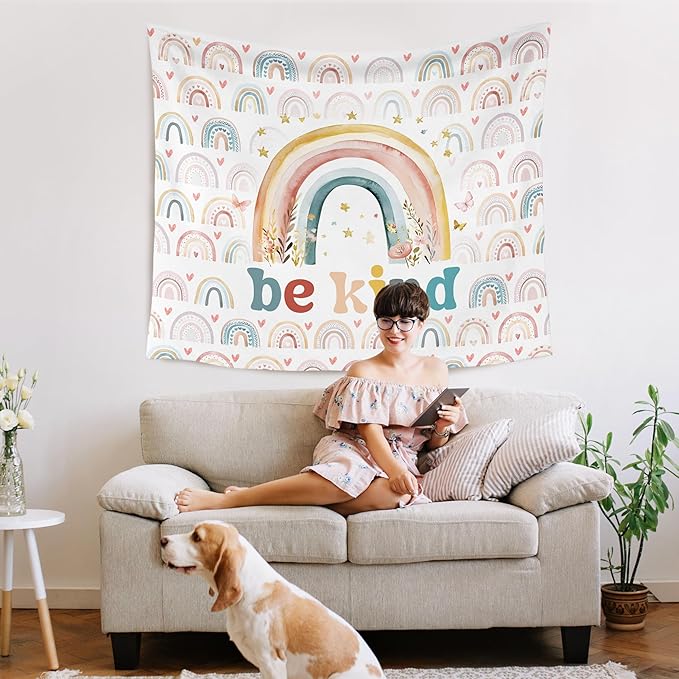 WARDOS Boho Rainbow Classroom Tapestry, Be Kind Motivational Tapestry Wall Hanging, Boho Pastel Rainbow Wall Blanket Decor for Classroom Kids Room Nursery Playroom, 50x60 Inch