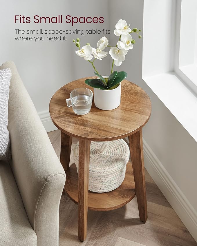 VASAGLE MAEZO Collection - Side Table, 2-Tier Small Round End Table, Nightstand with Tapered Legs, Curved Transitions, for Small Spaces, Living Room, Bedroom, Honey Brown ULET283T41