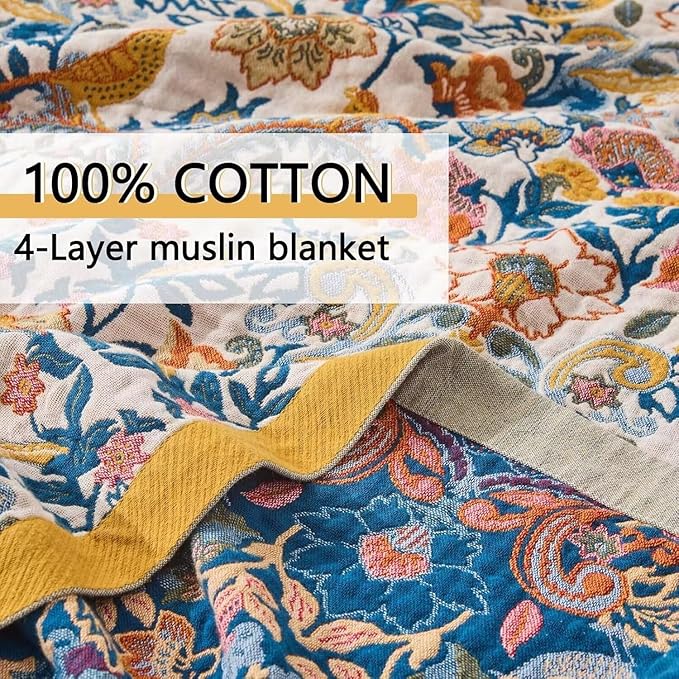 Boho Throw Blanket Farmhouse Decor Throw Blanket Bohemian Blanket for Bed 100% Cotton Muslin Woven Couch Blanket All Seasons Quilt Bedroom (White, 80"x90")