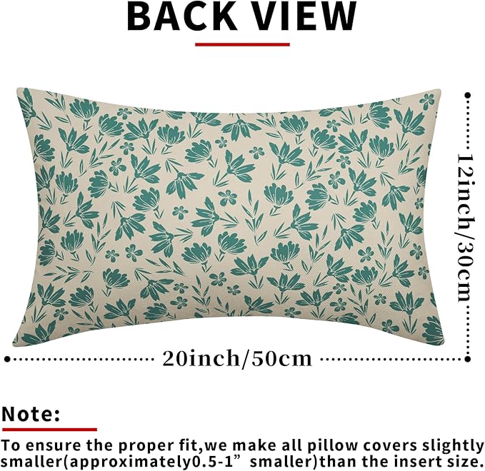Aqua Floral Pillow Covers 12x20 Set of 2 Vintage Rustic Old Style Cute Small Flower Teal Cream Print Decorative Outdoor Pillowcases Farmhouse Throw Cushion Case Decor for Couch Sofa Bed