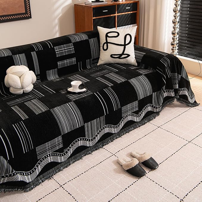 ROOMLIFE Black Sofa Cover, Vintage Boho Couch Cover for 3 Cushion Sofa, Non Slip Chenille Sofa Slipcovers for Dog, Washable Furniture Sofa Protector Cover with Tassel for Living Room, 71''X150”