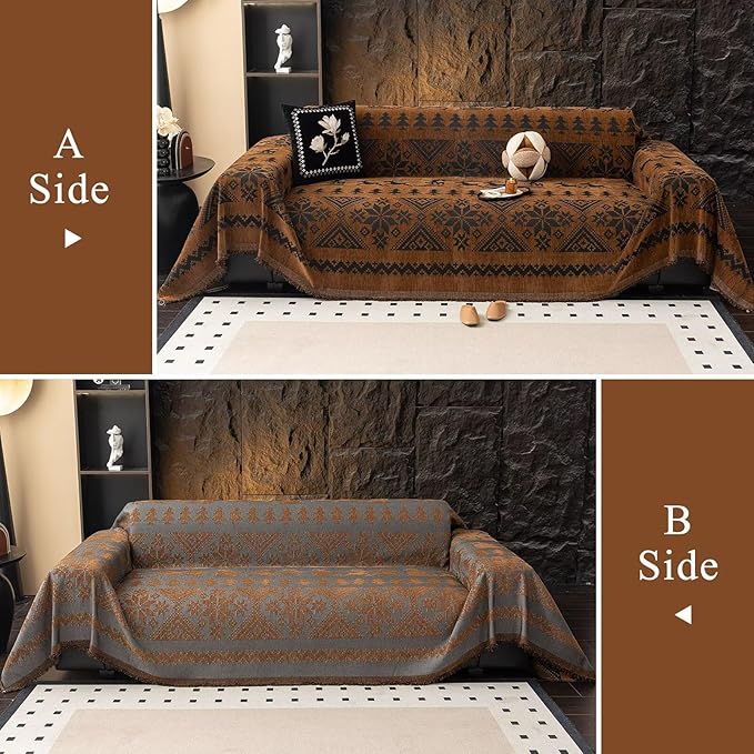 VClife Boho Couch Cover for Christmas 1 Piece Soft Warm Couch Cover for Sectional Sofa, Washable Pumpkin and Black Jacquard Loveseat Sofa Covers for Home Office RV 71"x118"