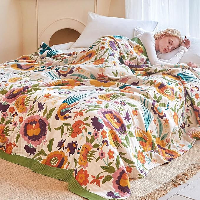 Boho Throw Blanket - 50"x60" 100% Cotton Ultra Soft Lightweight Blanket, 4-Layer Breathable Muslin Spring Blankets for Bed Couch, Reversible Green Floral Bird Printed Bohemian Cotton Quilt