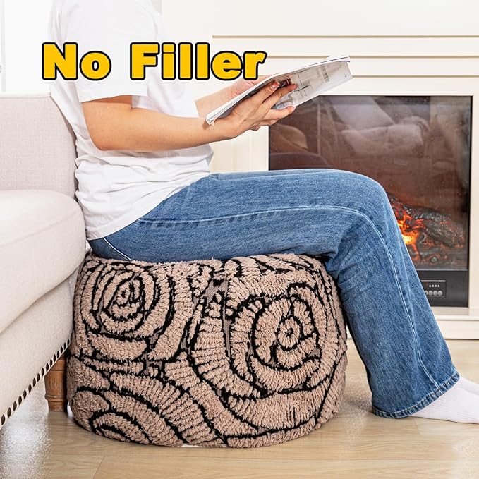 Asuprui Fluffy Flower Pouf Ottoman Cover Only – 20"x14" Round Plush Fuzzy Pouf Shell for Footrest, Stool or Floor Seat, Soft Removable Home Decor (No Insert Included) (Coffee)