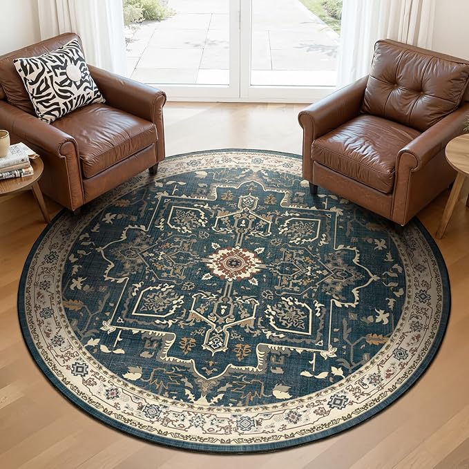 Vintage Round Rugs 6ft, Low Pile Thin Circle Area Rugs for Bedroom Living Room Washable Non Slip, Vintage Medallion Distressed Round Carpet for Kitchen Dining Room, Deep Blue/Multi