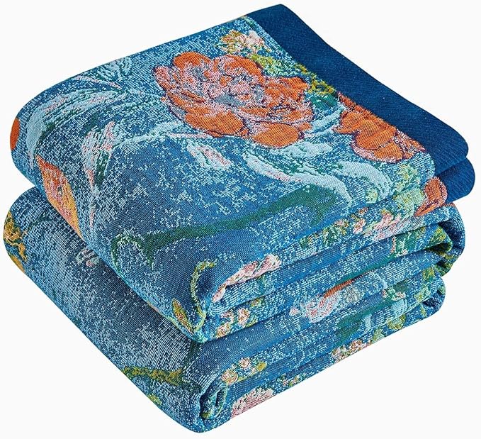 Boho Throw Blanket 100% Cotton Muslin Woven Blanket Bohemian Bed Throws Vintage Rustic Farmhouse Decor Reversible Bed Blanket Quilt for All Seasons（Blue 60"x80"）