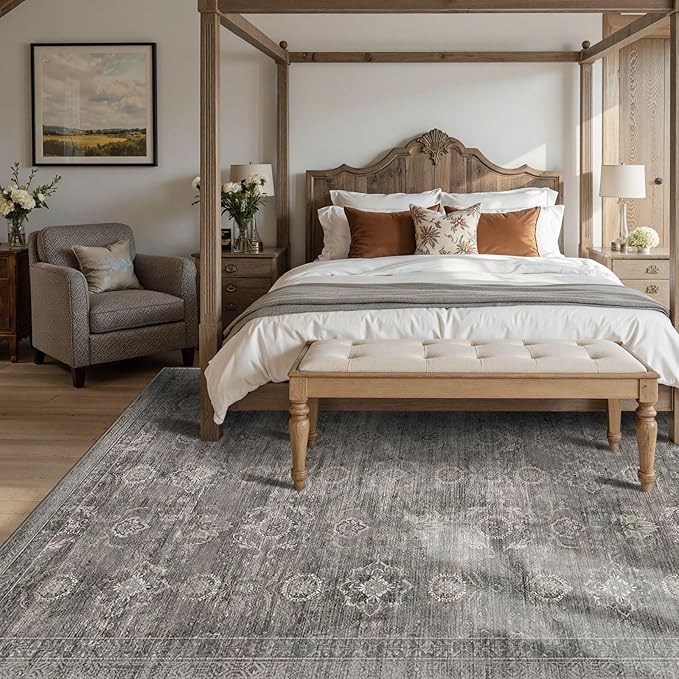 6x9 Area Rugs for Living Room Bedroom, Large Washable Rug, Grey Vintage Retro Boho Rug, Non Slip & Low Pile Faux Wool Thin Carpet for Indoor Dining Room and Kids Room(Taupe/Grey 6x9ft)